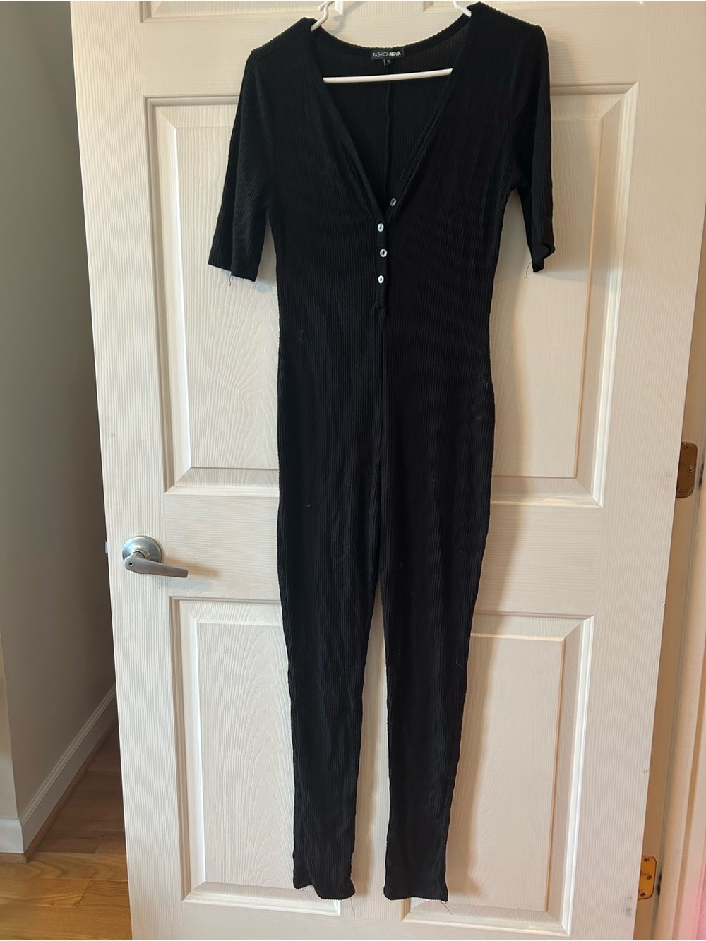 Fashion Nova Black Ribbed V-Neck Button Jumpsuit